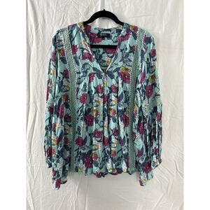 Anthropology RD + koko Womens Green Floral Sz M Long Sleeve Blouse Boho Peasant‎